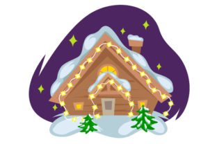 House with Christmas Lights and Two Fir Trees